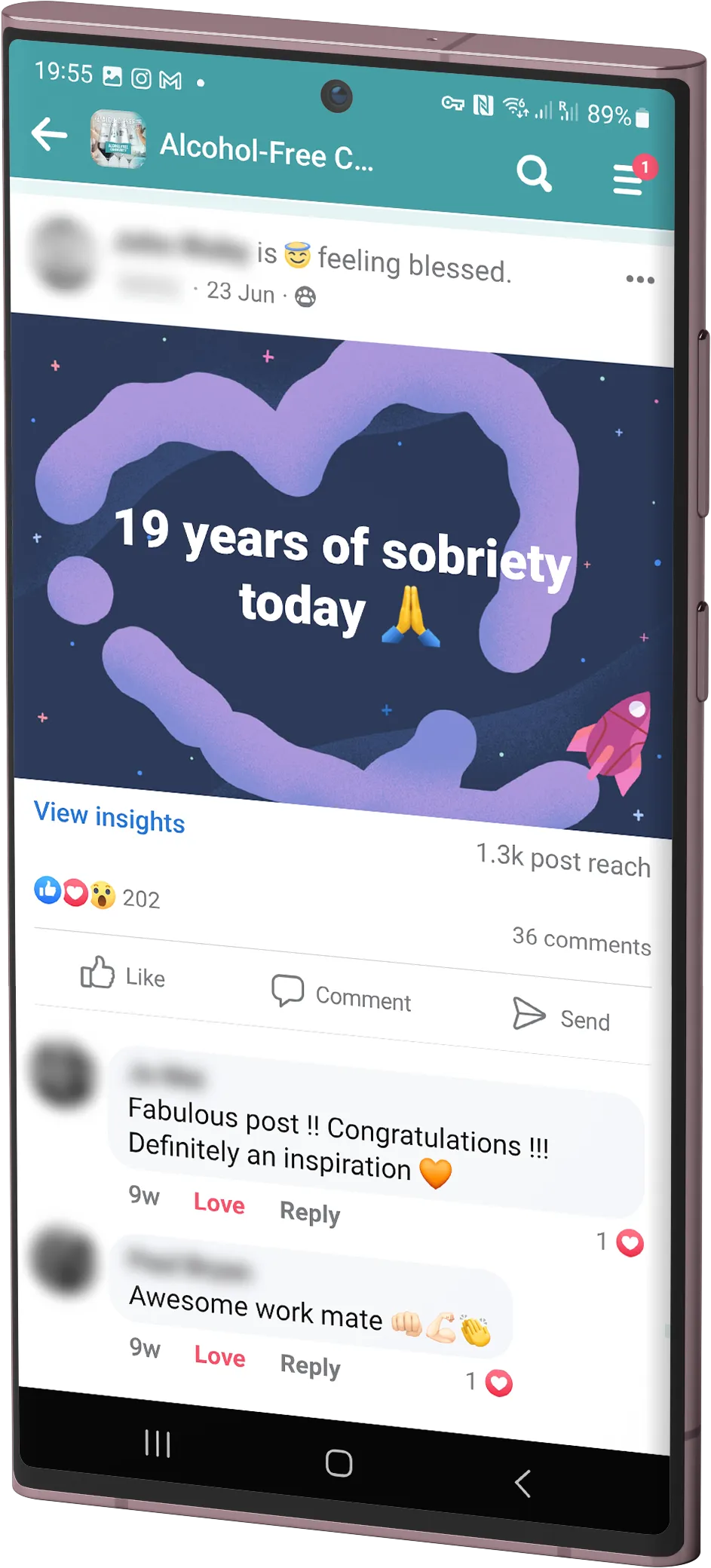 Mobile phone showing the Alcohol-Free Community group on Facebook