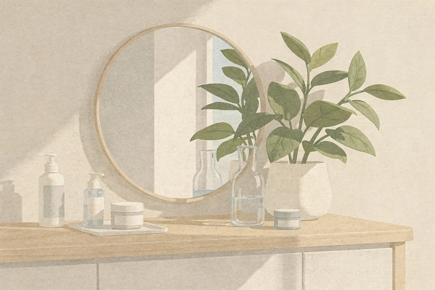 Close-up of a bathroom vanity with a round mirror, skincare products, a water carafe, and a green plant in soft natural light.