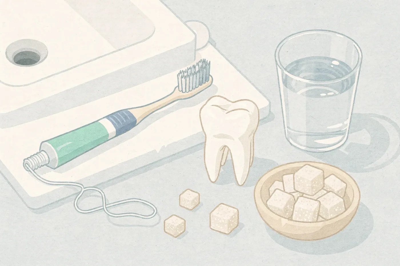 Overhead view of a bathroom sink with a toothbrush, toothpaste, dental floss, a glass of water, a white tooth model, and sugar cubes.