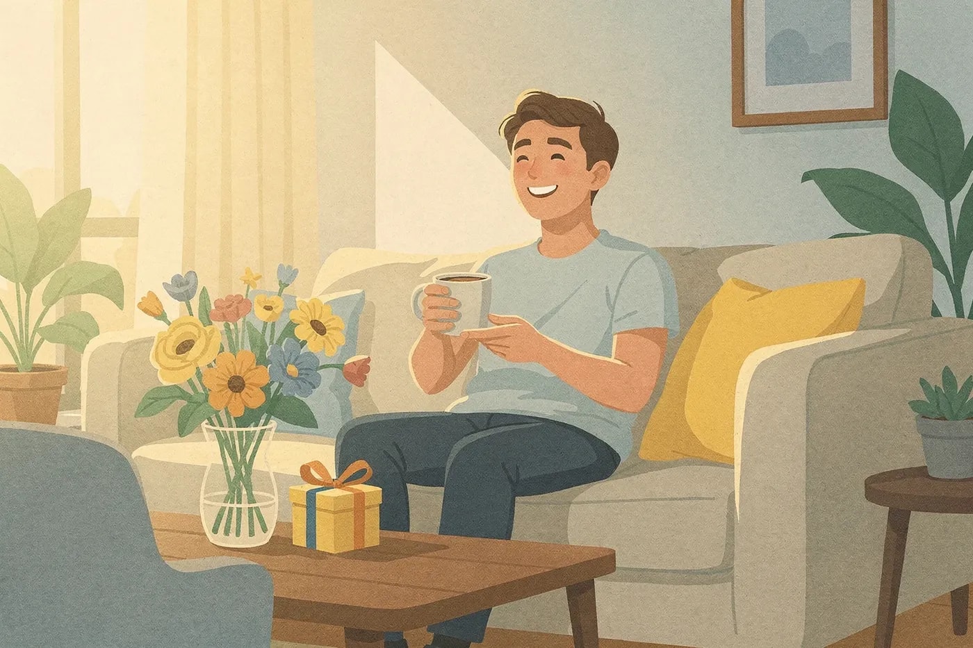A person relaxes on a sofa in a sunlit living room, holding a mug, with flowers and a gift box on the coffee table.