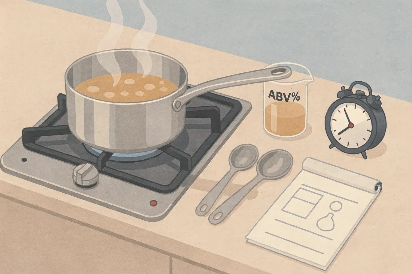 Overhead view of a saucepan simmering on a stovetop with steam rising, surrounded by measuring spoons, a beaker labeled 'ABV%', a kitchen timer, and a notepad with a cooking chart.