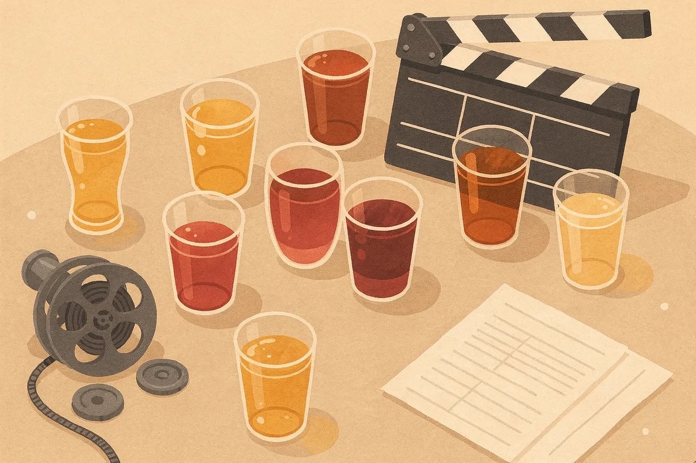 Overhead view of a film set table with assorted drinks in glasses and movie props like a clapperboard and script pages.