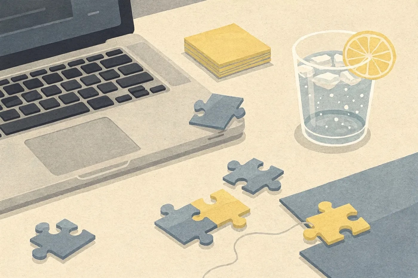 Overhead view of a home office desk with a laptop, sticky notes, sparkling water, and incomplete puzzle pieces scattered among work items.