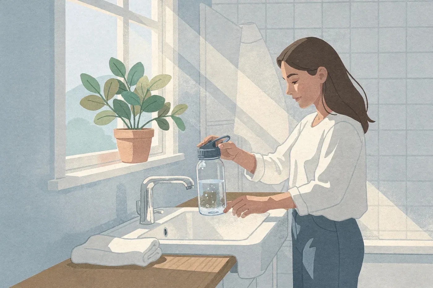 A person fills a reusable water bottle at a bright bathroom sink, with sunlight and a leafy plant on the windowsill.