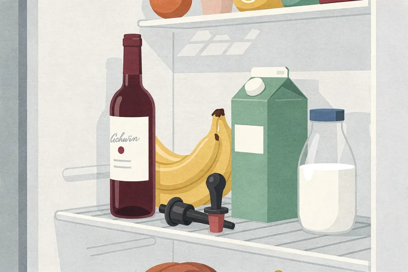 Opened bottle of alcohol-free wine, bananas, and milk stored together on a fridge shelf with a wine stopper and Vacuvin pump nearby.