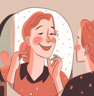 Happy woman checking her clear skin in the mirror